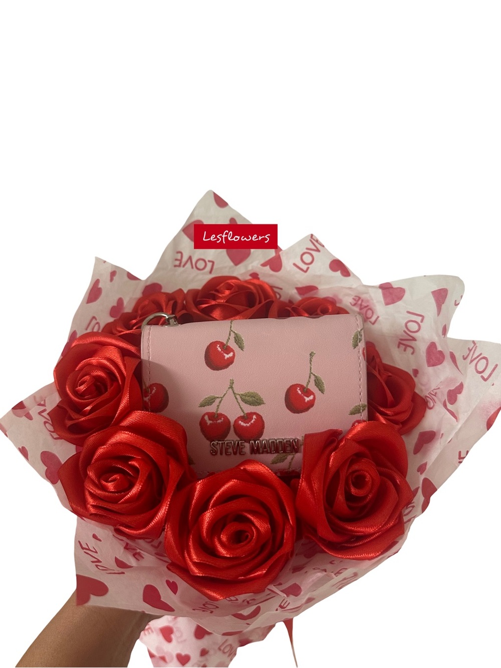 Steve Madden Pink Cherry Wallet with Red Rose Bouquet handmade flowers